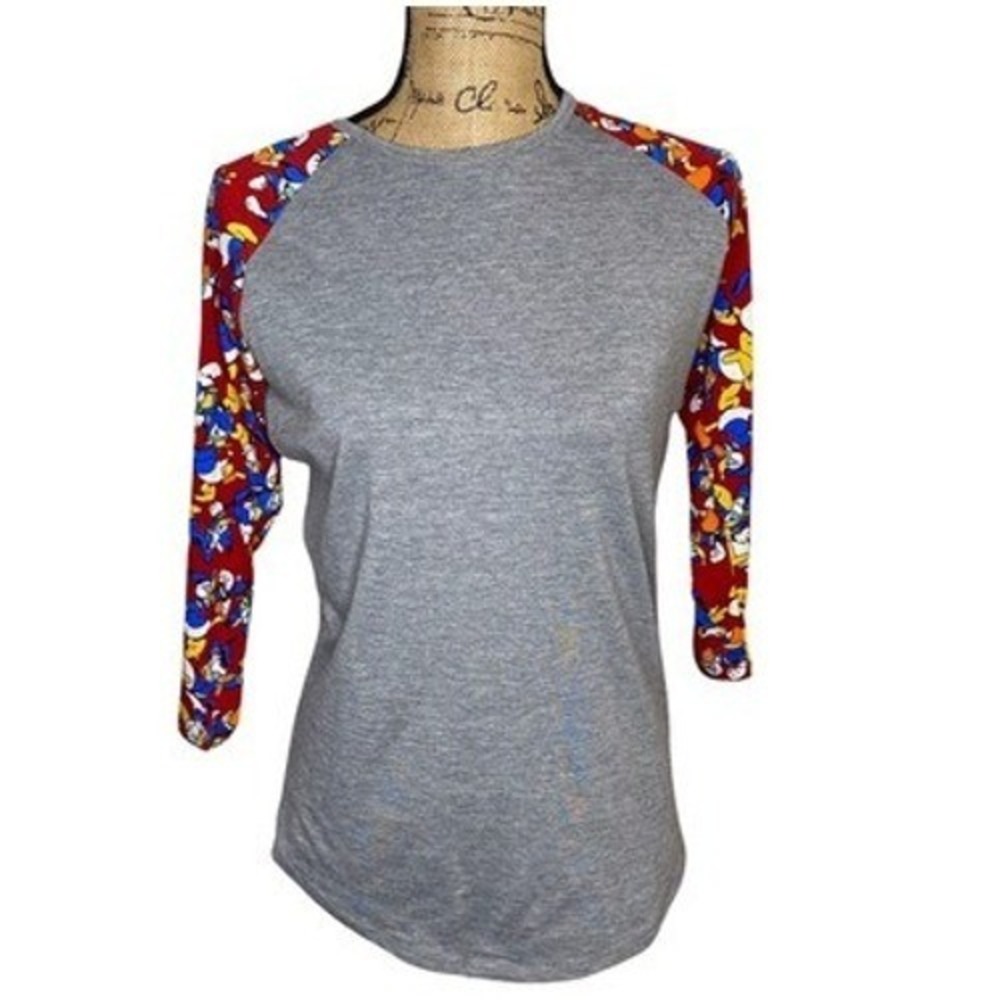 LuLaRoe Disney Donald Duck Randy T Shirt Womens Small Gray Red Raglan 3/4 Sleeve